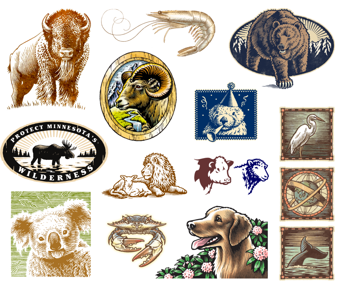 Animal pen and ink illustration in woocut and engraving line style