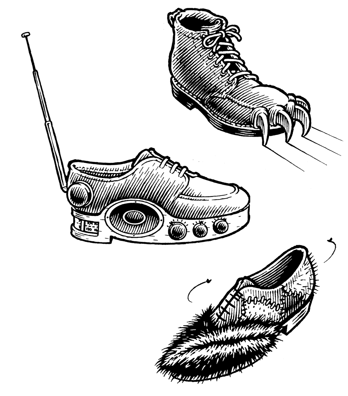 Pen and ink drawings of bizarre imaginary shoes