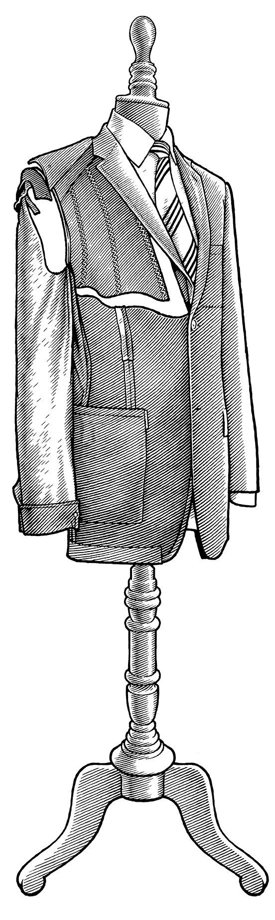 Pen and ink diagram of the construction of a business suit