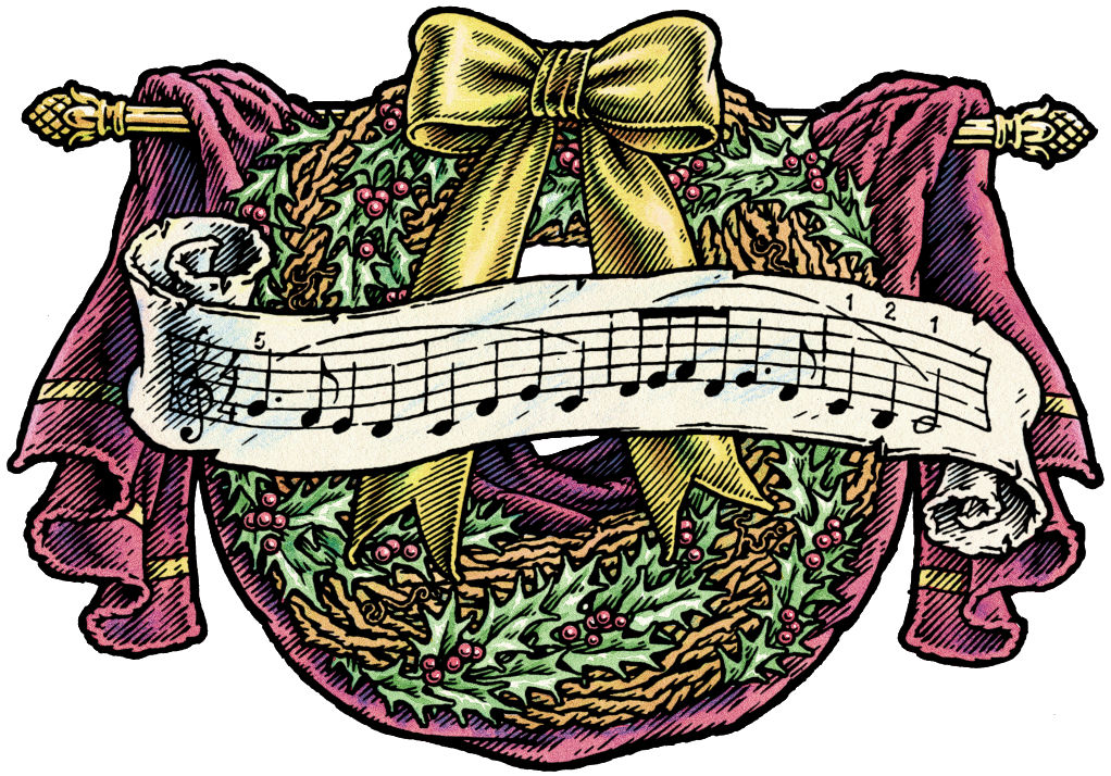 Pen and ink and watercolor illustration of a Christmas wreath for a music store