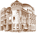 Architectural; Woodcut style pen and ink illustration of a classic building
