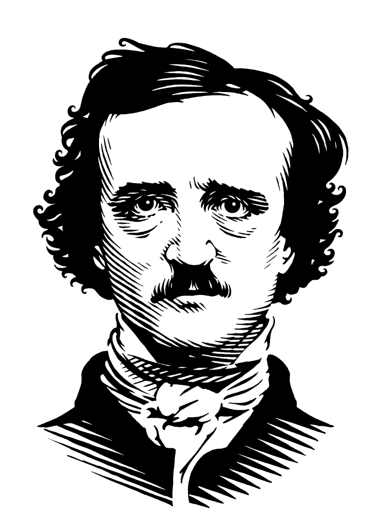 A woodcut style portrait of Edgar Allen Poe
