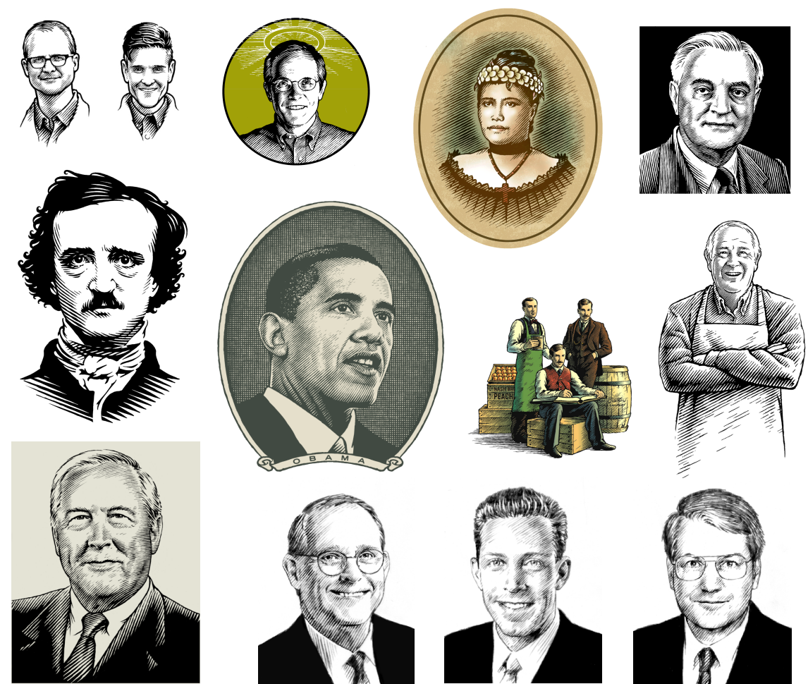 Portrait illustrations by Ken Jacobsen
