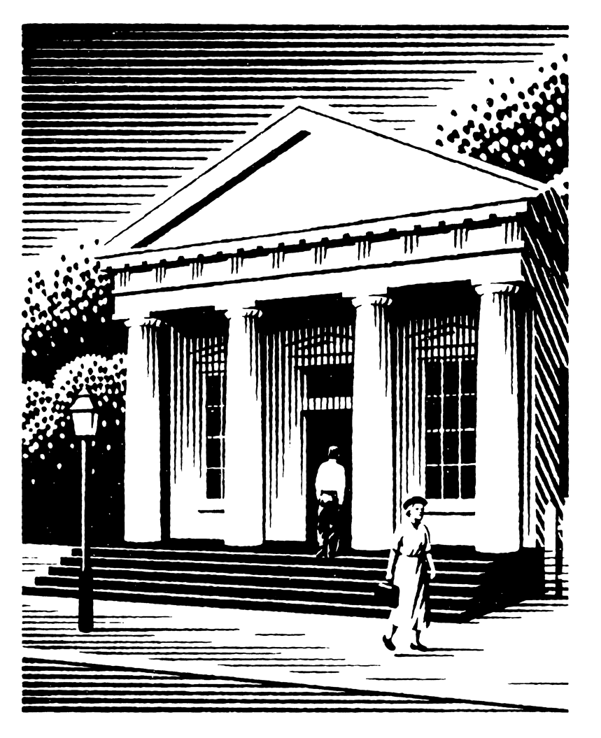 A woodcut style illustration of a bank exterior for a book