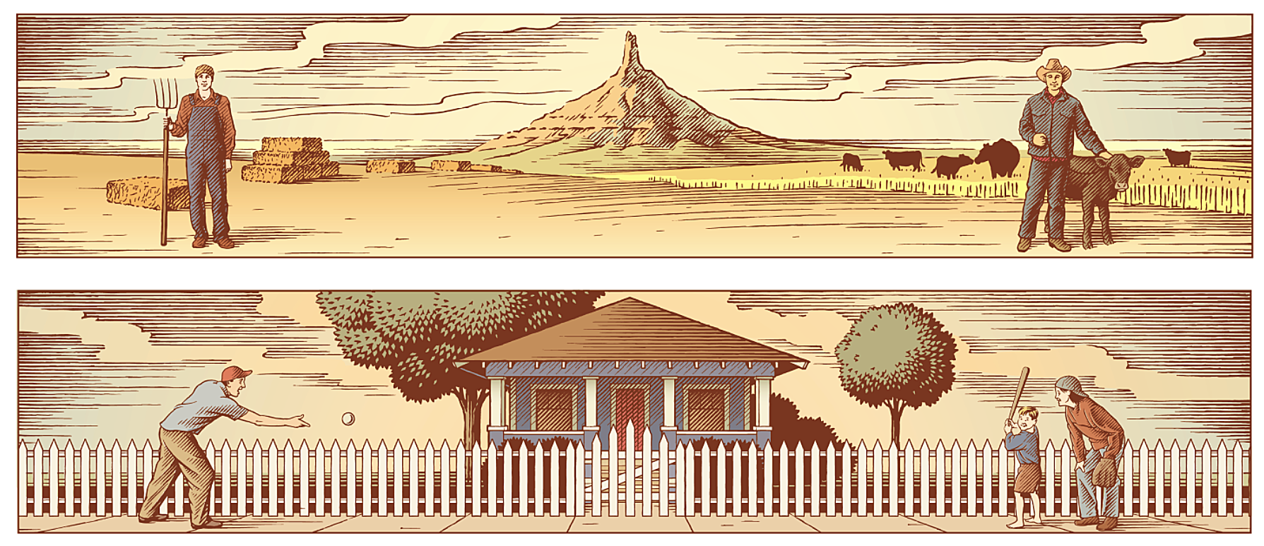 Engraving style banner illustrations of farmland and a family house
