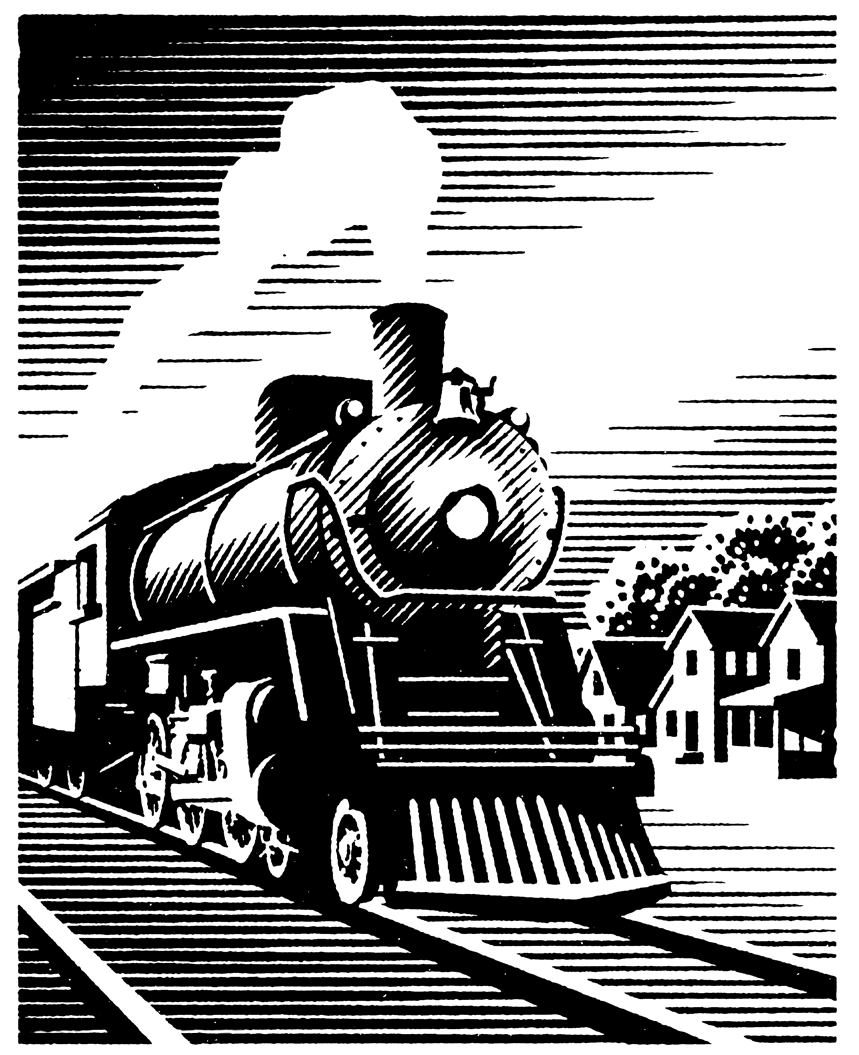 A woodcut style illustration of a train scene for a book