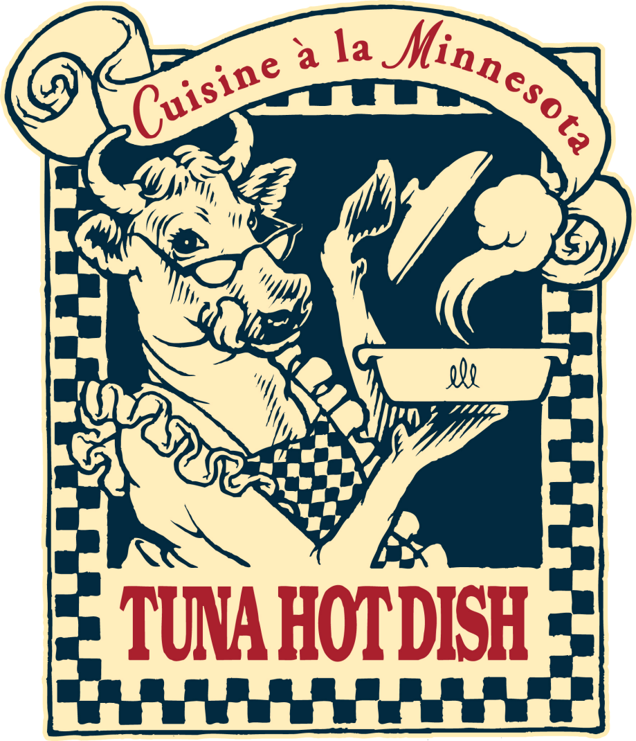 A cow wearing an apron presenting the fabled cuisine Tuna Hot dish