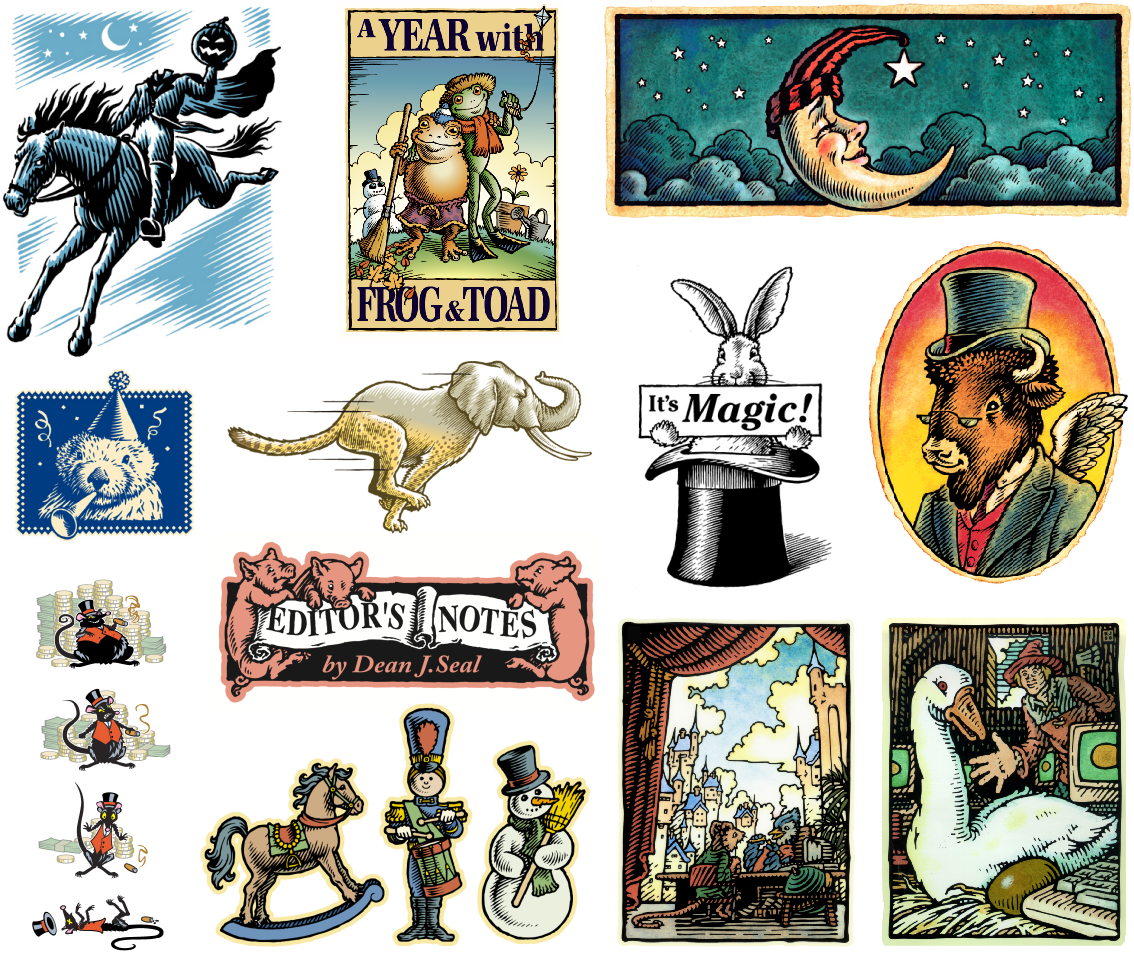 Whimsical illustrations in classic woodcut style pen and ink, colored as vector art or watercolor