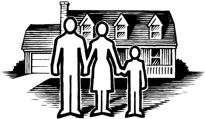 Pen and ink illustration of a cutout family for a magazine article