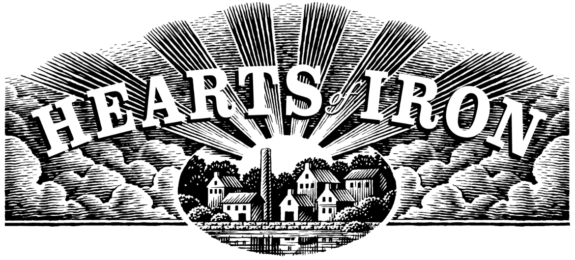 Pen and ink illustration of clouds and mining town for a newspaper ad