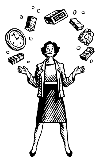 Pen and ink illustration of a woman juggling clocks and dollars for a magazine