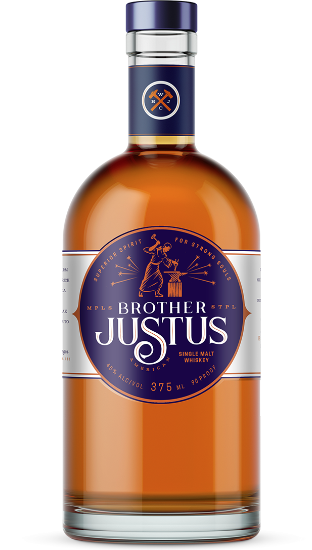 Pen and ink illustration of a blacksmith monk for a whiskey label