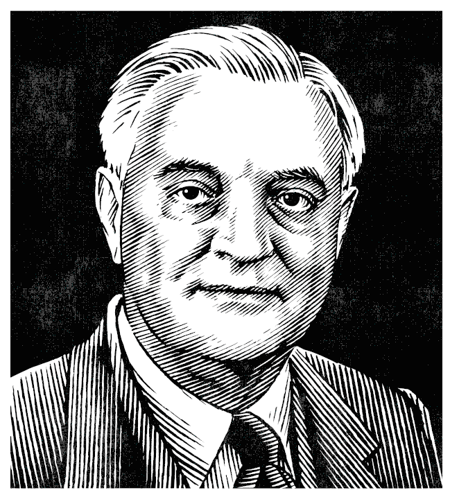 A pen and ink portrait of Walter Mondale by the illustrator Ken Jacobsen.
